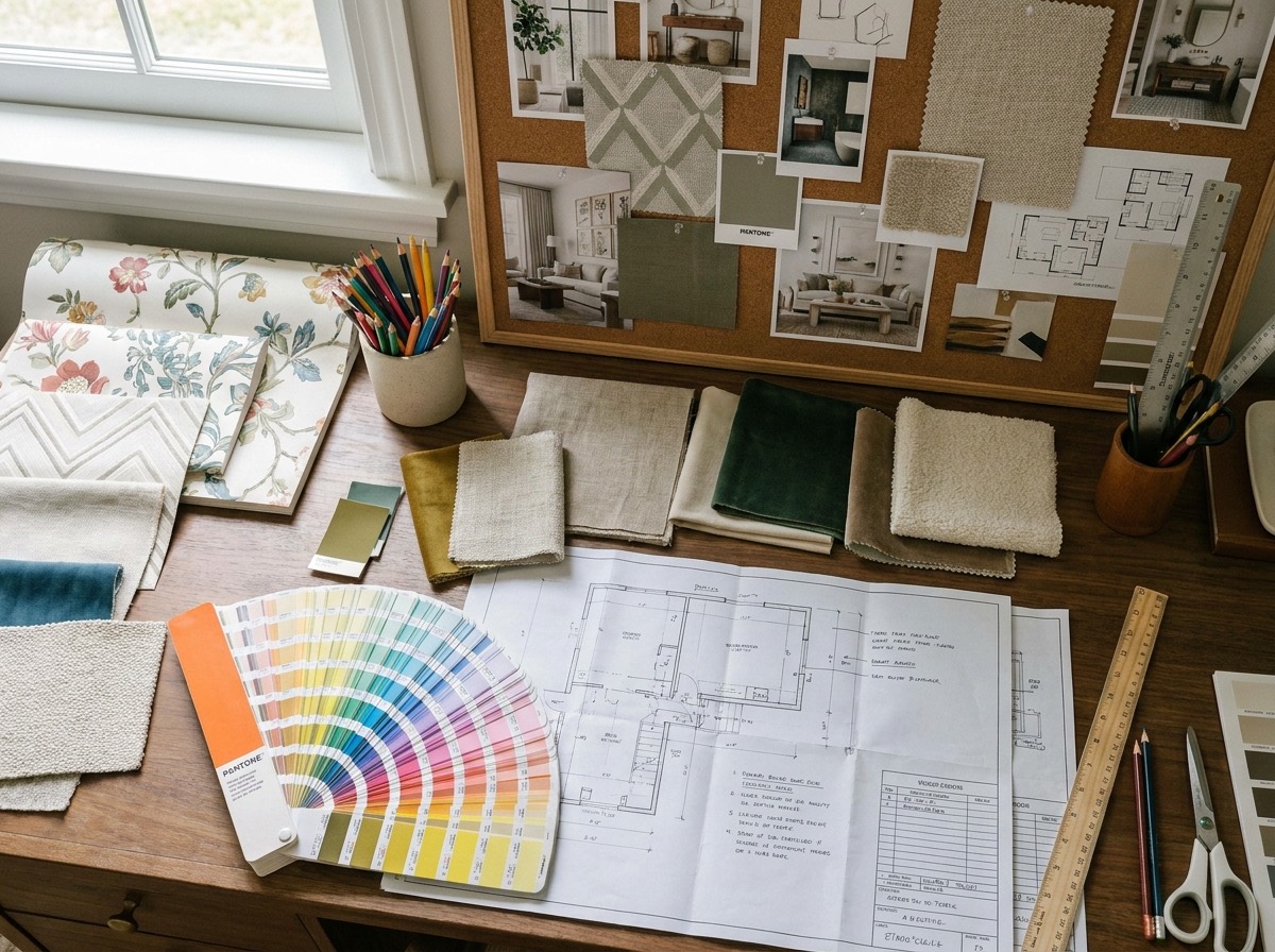 Échantillons de papier peint, nuancier et plans sur le bureau d'un décorateur d'intérieur