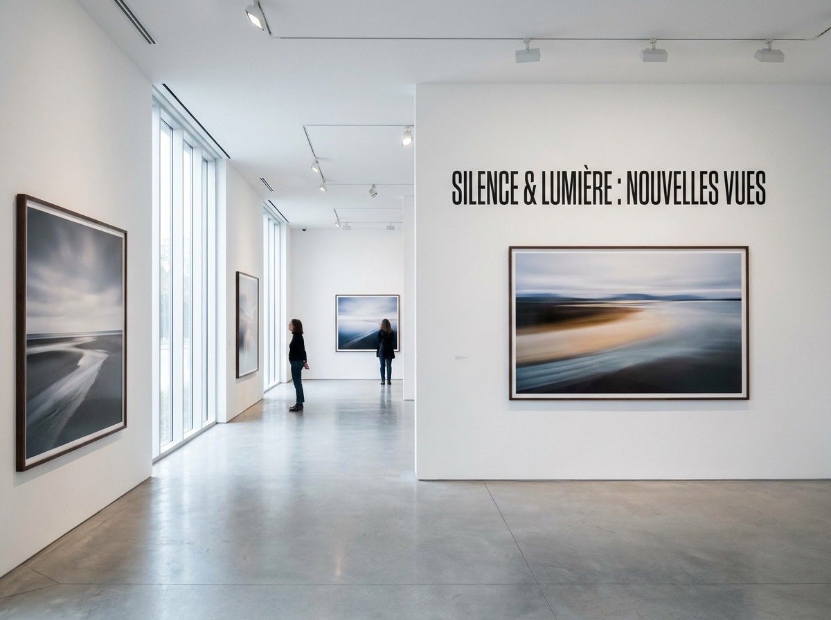 Cimaises de galerie d'art avec impressions encadrées et lettrage de titre