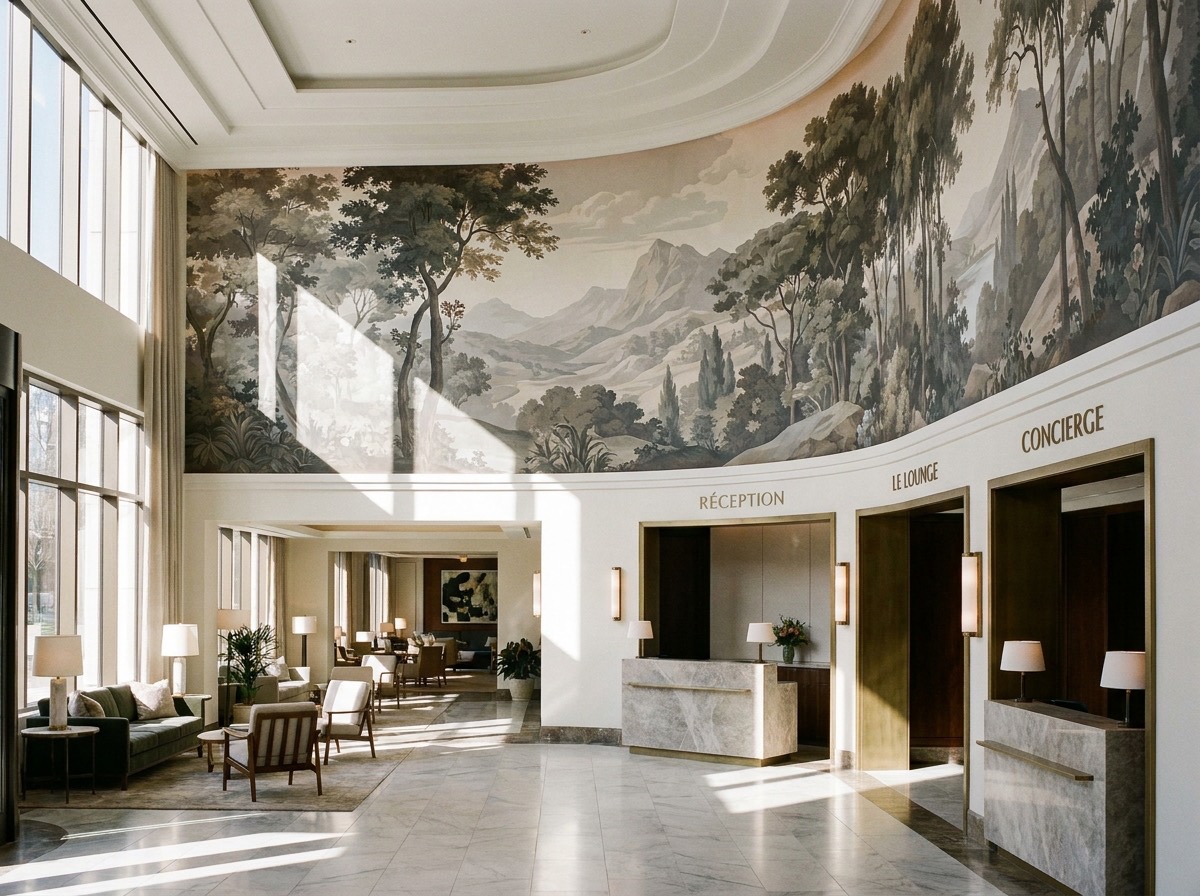 Hall d'hôtel avec décor mural sur mesure classé feu M1 pour ERP