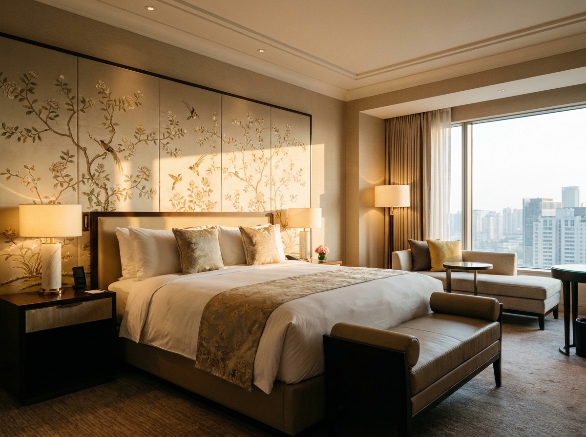 Tête de lit imprimée sur mesure dans une chambre d'hôtel