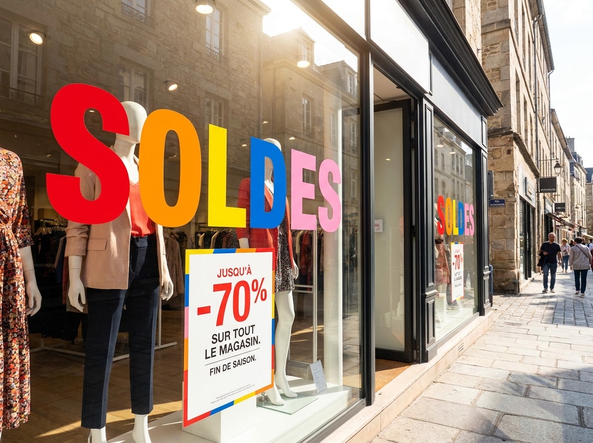 Adhésifs et affiches de soldes en grand format sur une vitrine de magasin