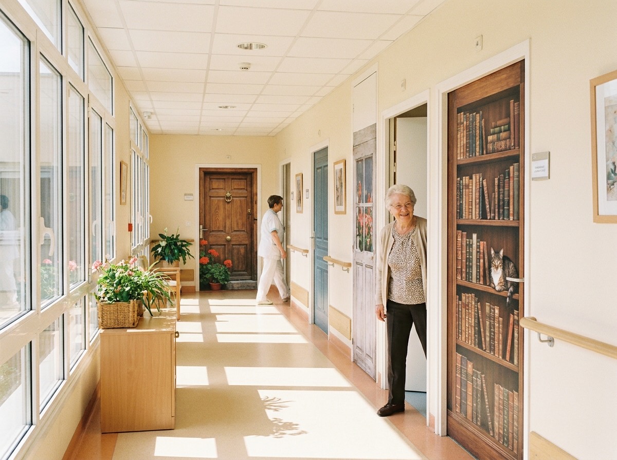 Portes de chambre d'EHPAD décorées avec des adhésifs trompe-l'œil personnalisés