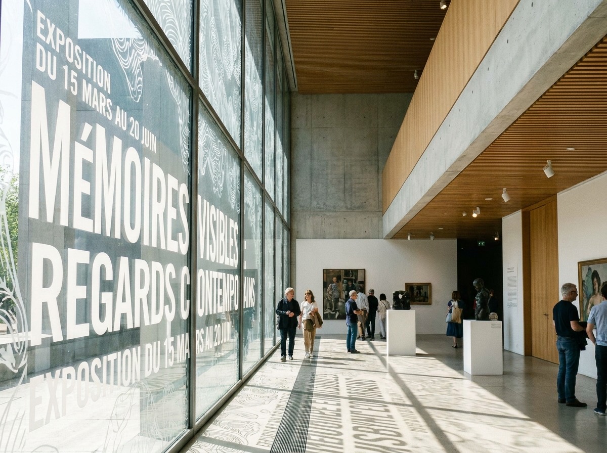 Vitrophanie et lettrage adhésif de titre d'exposition sur une baie vitrée de musée