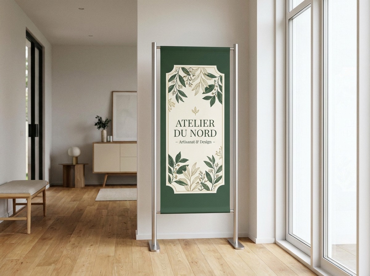 Kakémono imprimé sur pied présentant une affiche personnalisée dans une entrée